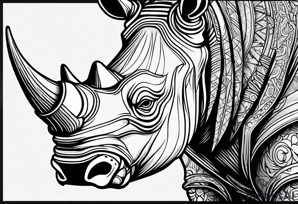 A front-facing rhino head with a sharp elongated tusk that is angry and fierce. Ears pointed straight up and forward a bit. Eyes that pierce your soul. A snarling jowel tattoo idea