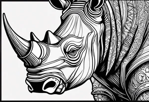A front-facing rhino head with a sharp elongated tusk that is angry and fierce. Ears pointed straight up and forward a bit. Eyes that pierce your soul. A snarling jowel tattoo idea