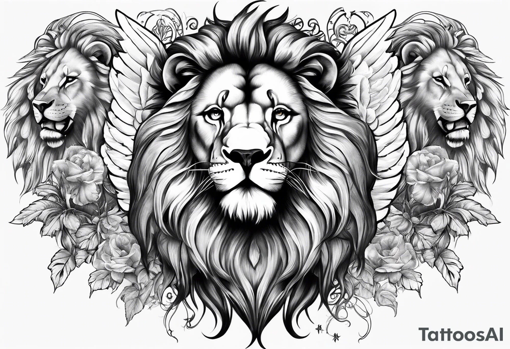 Full sleeve with Lion, cross, praying hands and angels. Incorporate the names Scarlett and Faith in the design tattoo idea