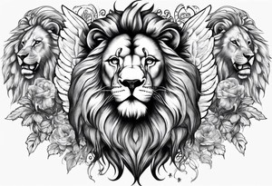 Full sleeve with Lion, cross, praying hands and angels. Incorporate the names Scarlett and Faith in the design tattoo idea