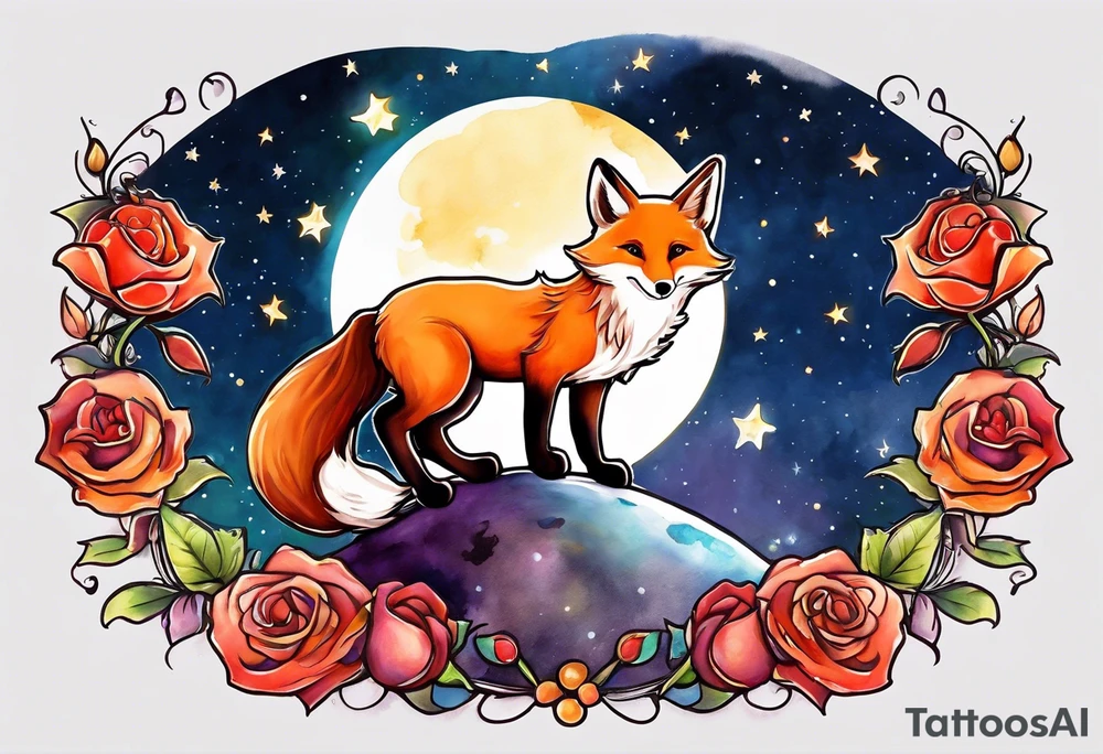 The Little prince sitting on his planet toghether with the fox on his planet besides his rose. Both are watching into the sky tattoo idea