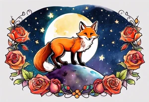 The Little prince sitting on his planet toghether with the fox on his planet besides his rose. Both are watching into the sky tattoo idea