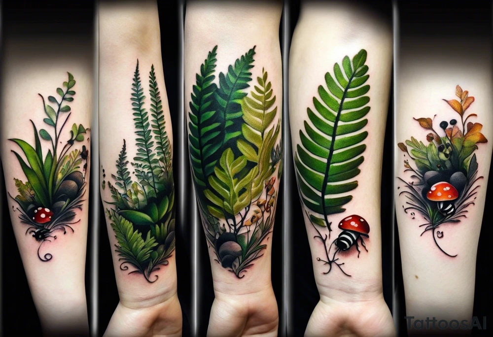 minimalistic forest floor inspired tattoo, which includes grass, moss, curly ferns and dead leaves as the bulk of the tattoo. details to include: forest berries, couple of very small brown mushrooms, a tiny bumblebee flying nearby tattoo idea