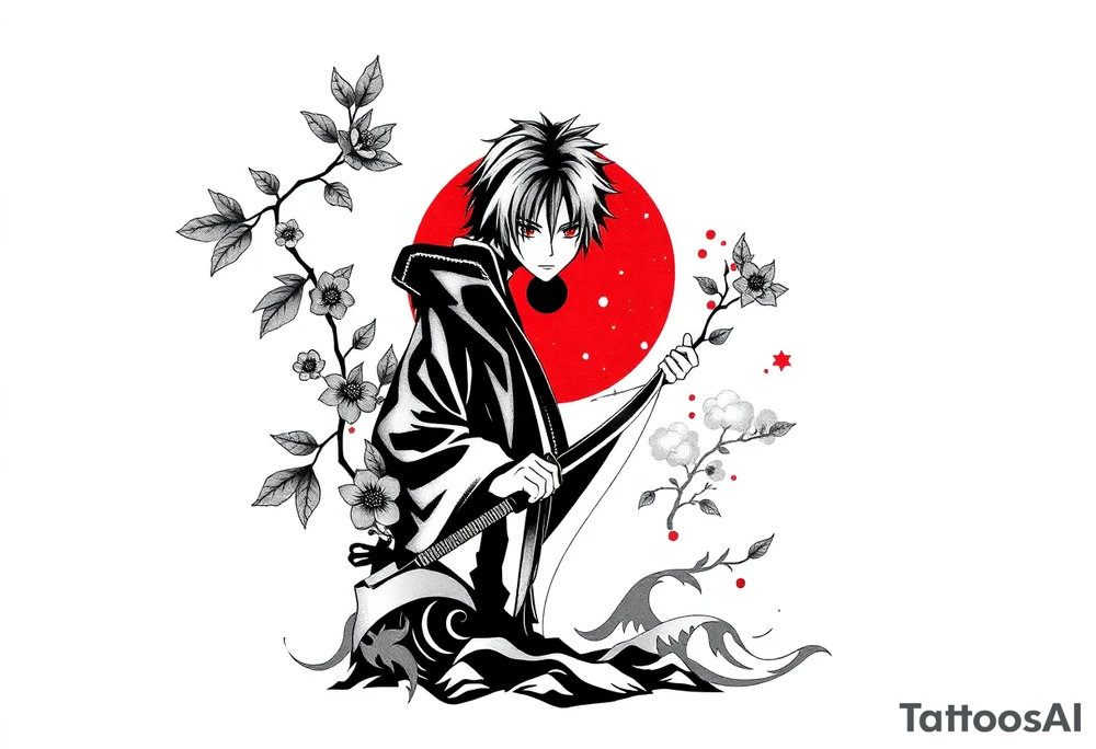 Tattoo design with a calm and motivating atmosphere. Centered around Itachi Uchiha in a protective pose with a gentle Sharingan eye, radiating subtle red chakra energy. Add a kunai knife resting peacefully in the ground surrounded by flowing leaves and wind. Incorporate soft natural elements like cherry blossoms, water waves, and sunlight breaking through clouds. Optional silhouette of a Naruto-style friendship moment to represent trust and loyalty. Style should be black and grey with touches of warm red, gold or soft blue – artistic, emotional, and full of strength, endurance and hope tattoo idea