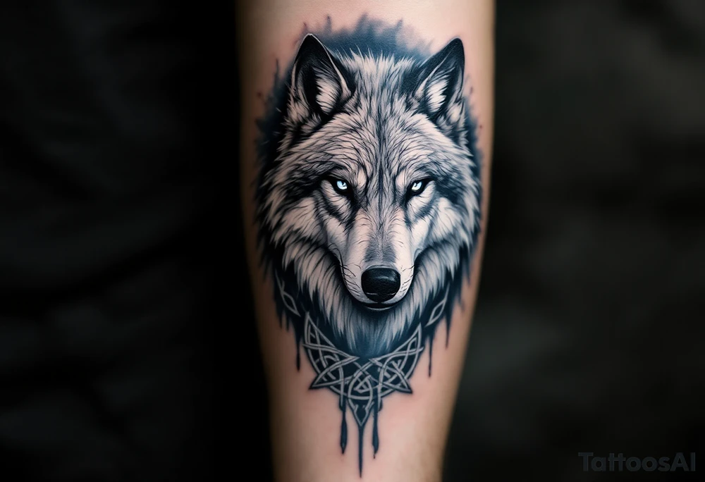 Celtic Wolf in Mist – A ghostly wolf rendered in soft gray and blue tones, with faint white Celtic knot patterns fading into mist around it. tattoo idea
