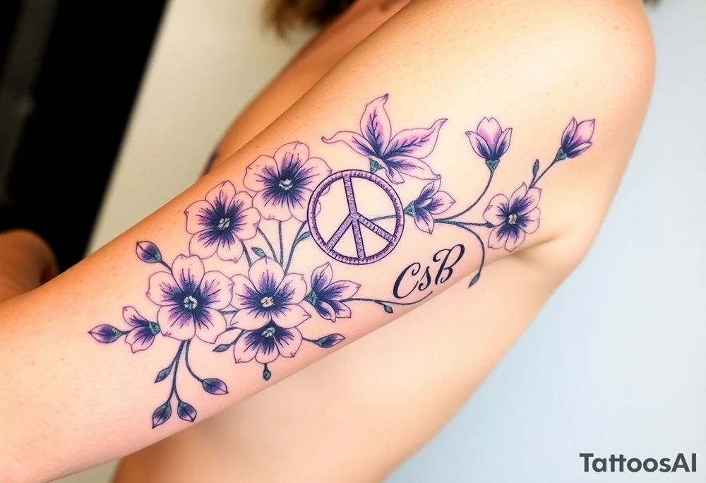Violets, peace symbol, Pisces symbol, dog prints, amethyst, initials csb in cursive font tattoo idea