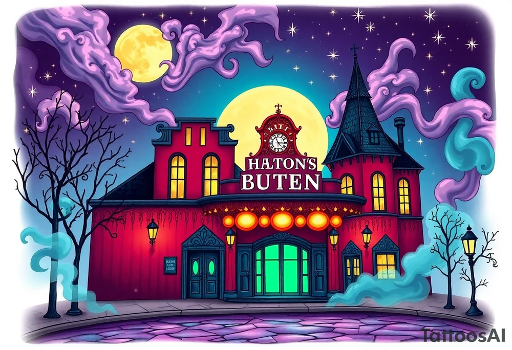 Tim Burton’s famous theatre from outside view is the street abandoned and dripping with muted reds, dusty pinks, and eerie green glow purple and cyan smokey clouds swirl and dance in the moonlit night sky filled with twinkling stars  tattoo idea tattoo idea