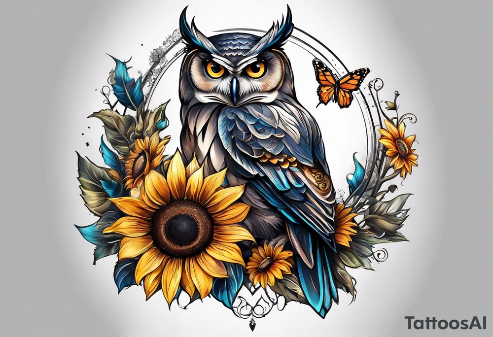 Sleeve with an owl, sunflower and butterfly tattoo idea