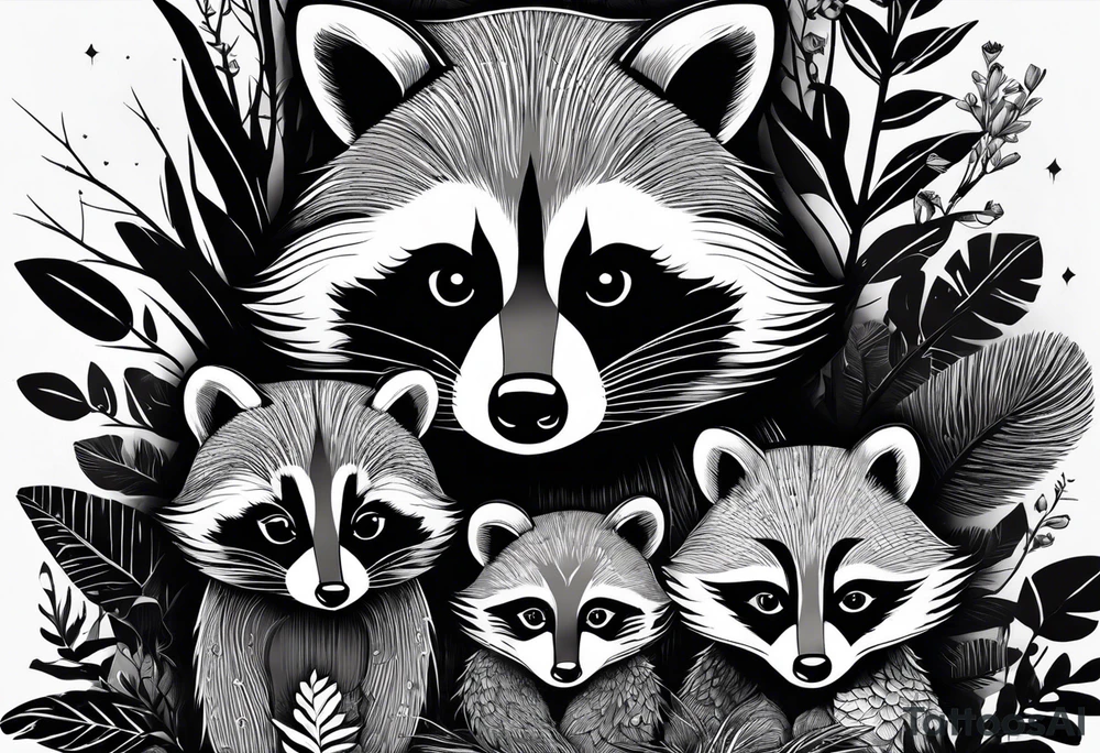 Very detailed Raccoon Husband with wife and child.
Background modern House between woods tattoo idea