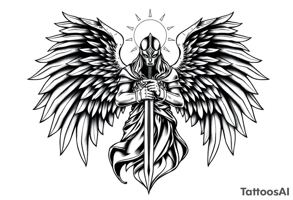 Holy Archangel, Biblical, Christianity, Hebrew, Guards of Christianity, Holding a sword, having six wings, wearing helmet, halo, seraphim, seek justice, walk only with God tattoo idea