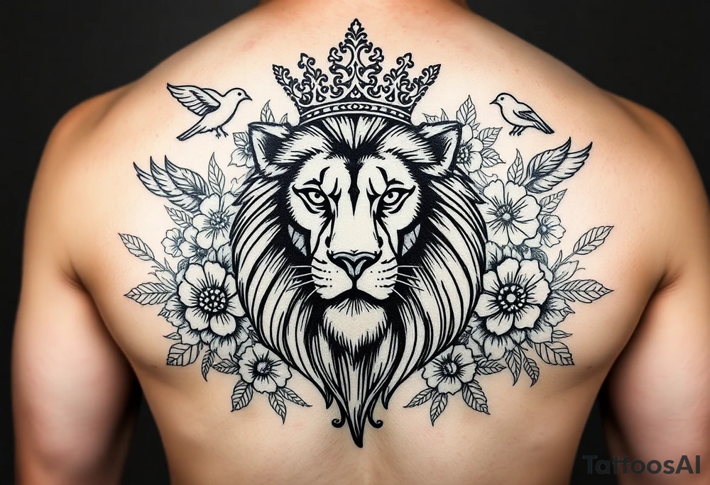 powerful majestic lion with a crown, surrounded by floral ornaments and birds tattoo idea
