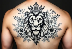 powerful majestic lion with a crown, surrounded by floral ornaments and birds tattoo idea
