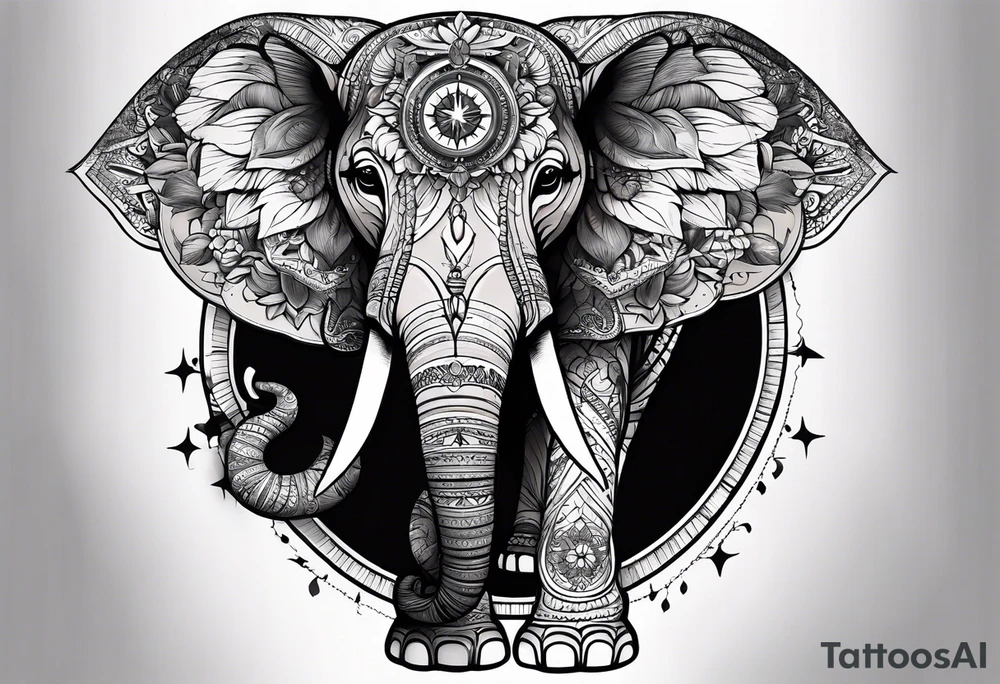 Feminine compass with an elephant incorporated into the design tattoo idea