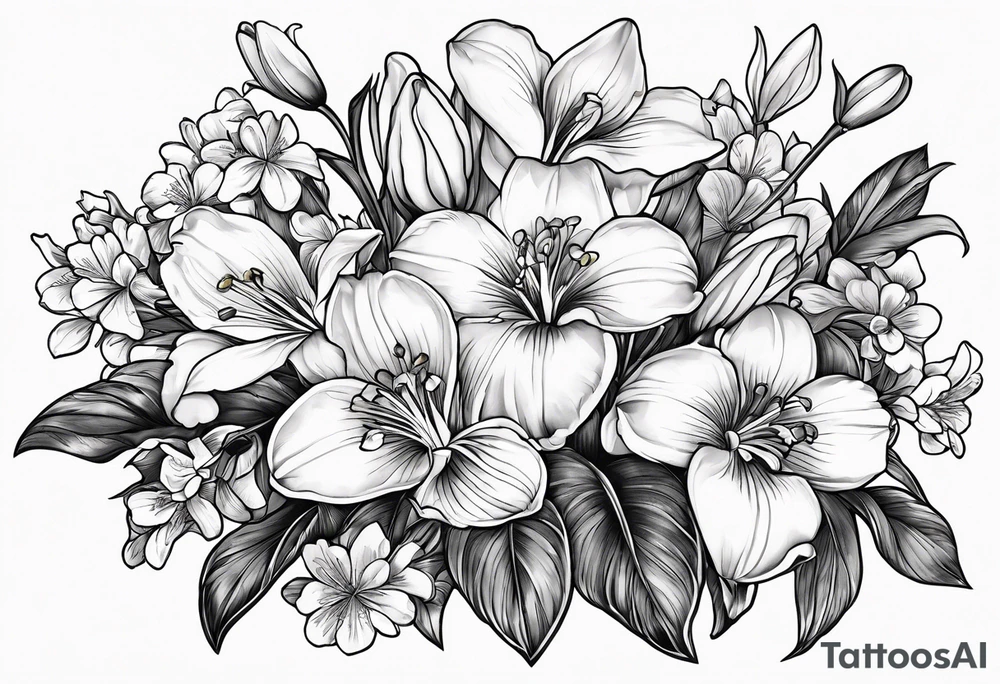 a bouquet of flowers that include a snowdrop, iris, cherry blossom, daisy and morning glory tattoo idea