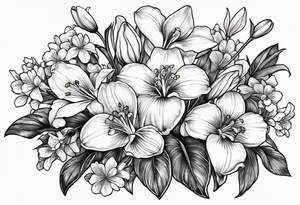 a bouquet of flowers that include a snowdrop, iris, cherry blossom, daisy and morning glory tattoo idea