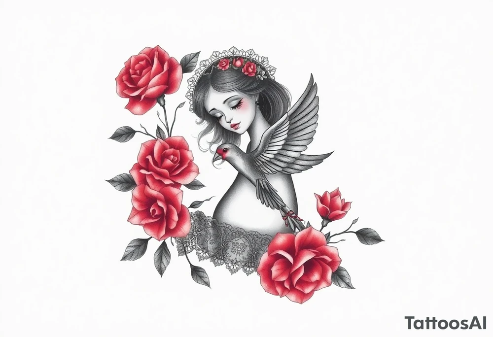Vintage dollies, red roses, lace, red bird, vintage, wrap around, no person tattoo idea