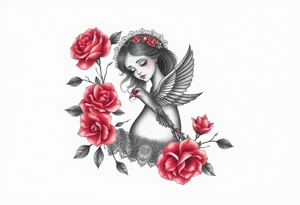 Vintage dollies, red roses, lace, red bird, vintage, wrap around, no person tattoo idea