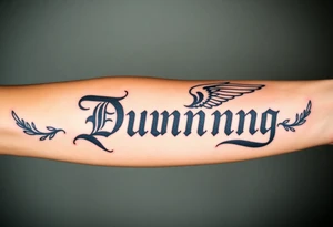 Last name Dunning, in Roman bold font in middle of forearm with background including leaves,angel wing going near elbow,tribal pattern. tattoo idea