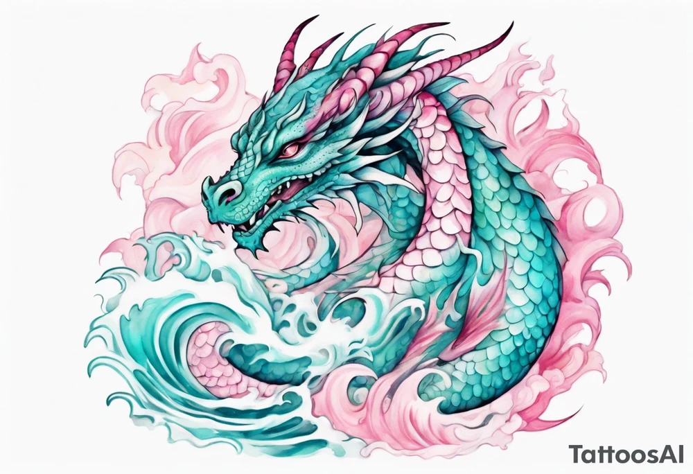 a beautiful turquoise pink and white dragon rising from the waves of the sea with a feminine face tattoo idea