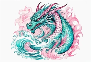 a beautiful turquoise pink and white dragon rising from the waves of the sea with a feminine face tattoo idea