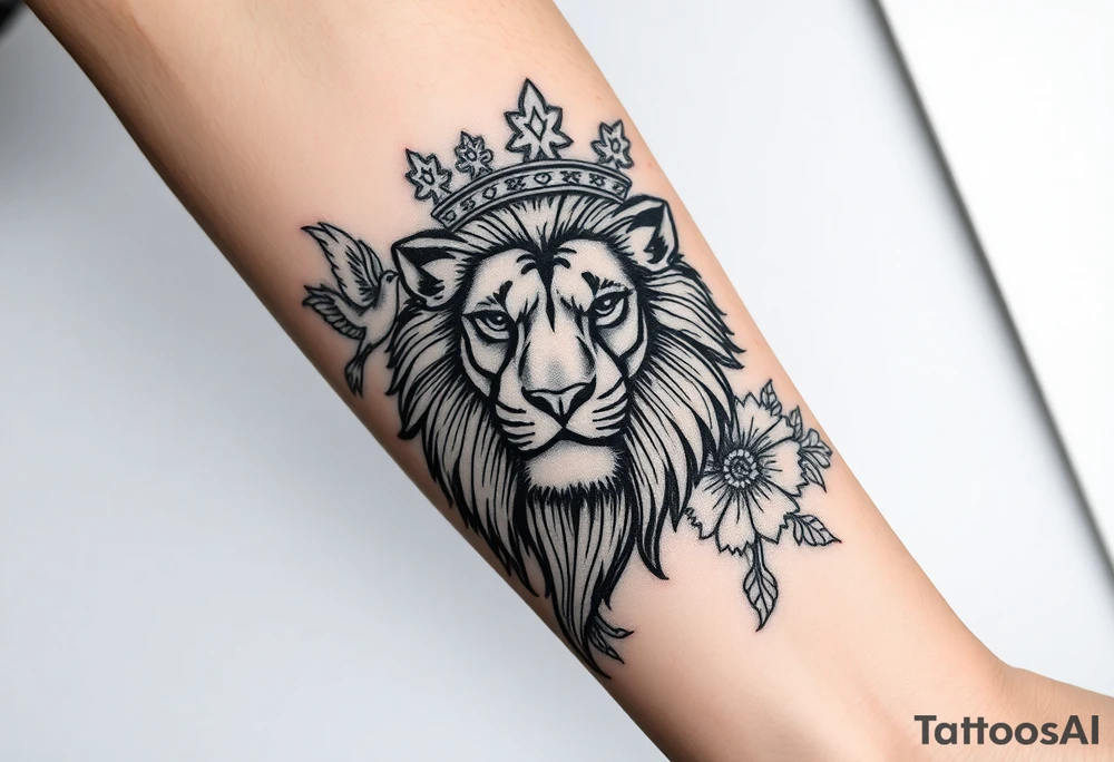 powerful majestic lion with a crown, surrounded by floral ornaments and birds tattoo idea
