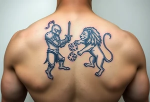 Knight and lion fighting rolling dice tattoo idea