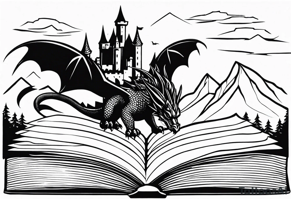 an open fairy book. a dragon with scales and four legs flying in the sky. a castle. three mountain peaks tattoo idea