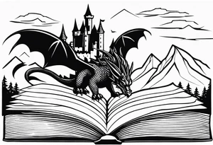 an open fairy book. a dragon with scales and four legs flying in the sky. a castle. three mountain peaks tattoo idea