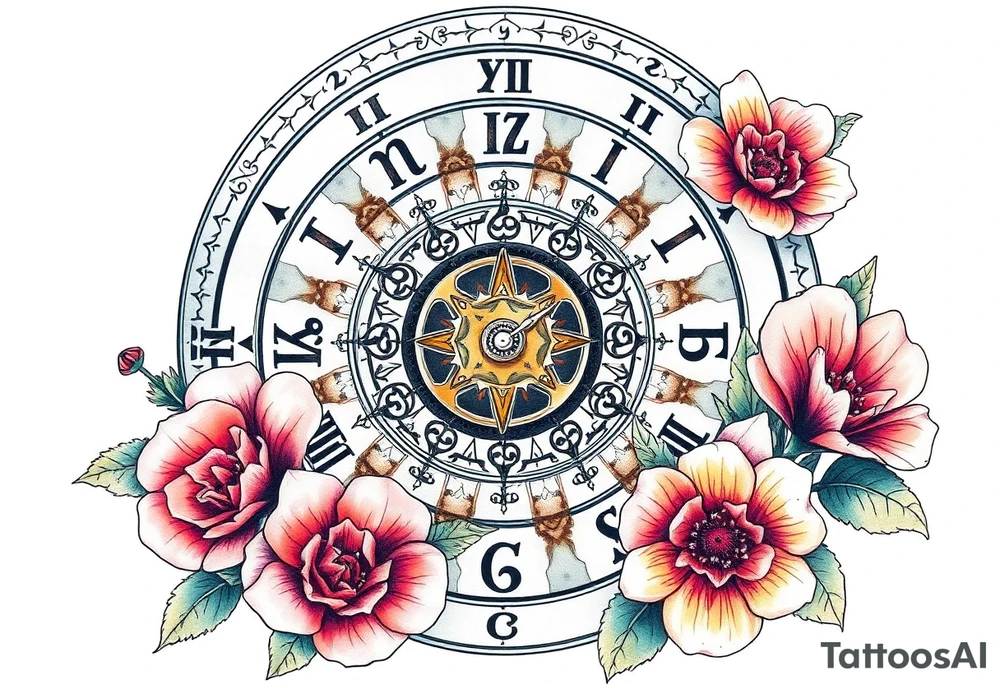 zodiac symbols and Norse runes within ornate clockwork mechanism with roses lilly sunflowers tattoo idea