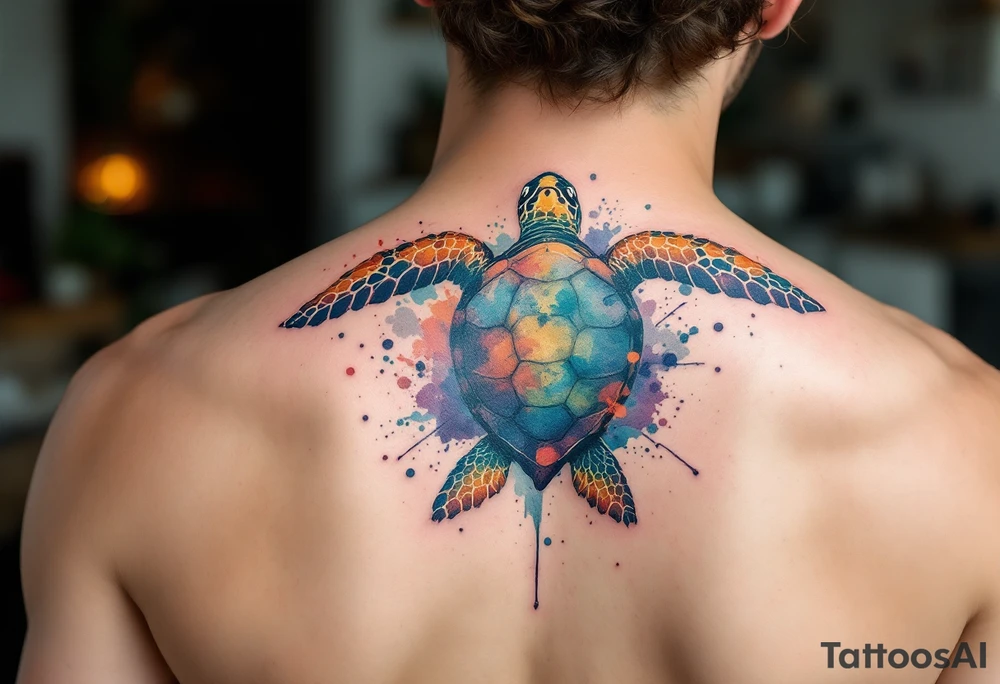 Sea turtle with watercolor background splashes tattoo idea