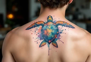 Sea turtle with watercolor background splashes tattoo idea