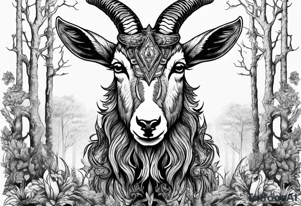 Evil Satanic goat with horns  (full body) in a forest tattoo idea