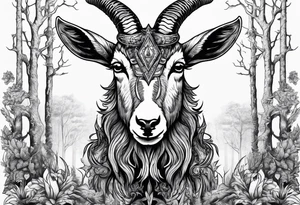 Evil Satanic goat with horns  (full body) in a forest tattoo idea