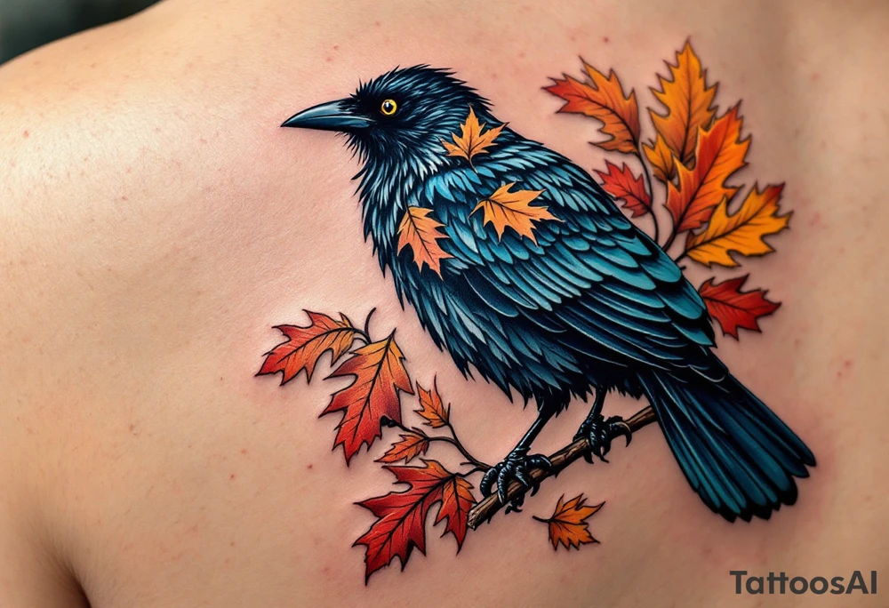 Crow with Oak Leaves – A perched crow surrounded by autumn-colored oak leaves in warm oranges, reds, and muted browns. Naturalistic with earthy tones. tattoo idea