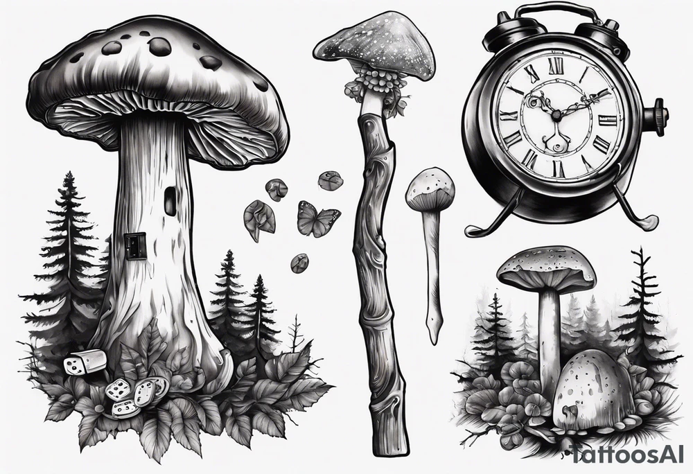 mounting landscape with little boletus in the forest.
Add in a middle an antique clock at 9:44pm. across the tattoo a cinema film. And on top a game of poker cards. a Grandma's walking stick and 
A real Italian coffee maker. tattoo idea