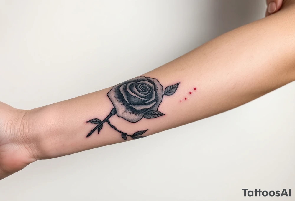 A tattoo on the forearm with a rose that goes around the forearm with space to put clouds red ink with a palm tattoo idea