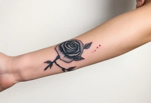 A tattoo on the forearm with a rose that goes around the forearm with space to put clouds red ink with a palm tattoo idea