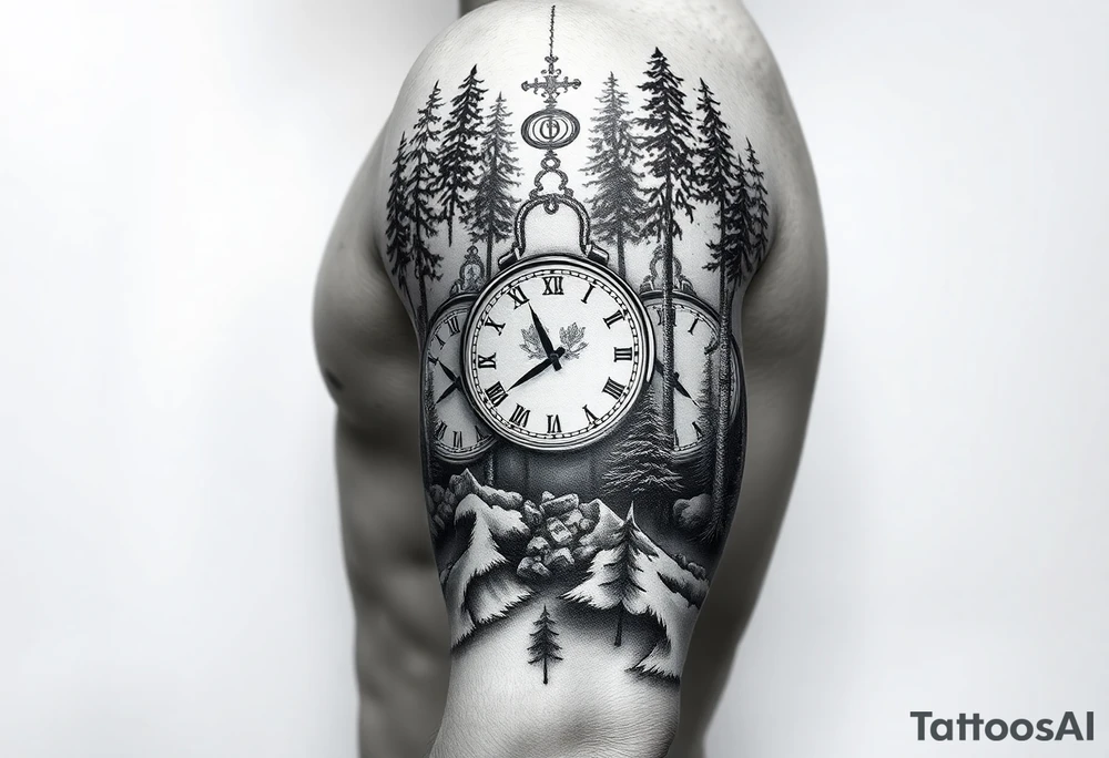 Forest landscape with three clocks with dates tattoo idea