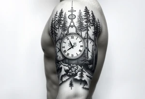 Forest landscape with three clocks with dates tattoo idea