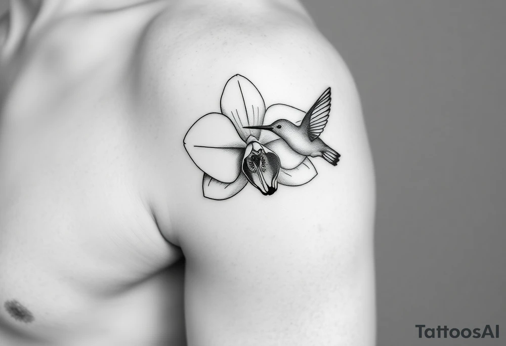 A delicate, black and white fine-line tattoo for make, featuring a gracefully detailed orchid in full bloom (stem and at least 2 flowers), with soft, intricate petals and elegant curves. Beside it, a hummingbird hovers mid-flight, its wings drawn with subtle motion lines, its slender beak reaching toward the orchid’s center to drink its nectar. The design captures a sense of balance and harmony, with the contrast between the stillness of the flower and the gentle energy of the bird. Perfectly suited for the upper arm, this piece combines nature’s beauty and movement in a timeless style tattoo idea