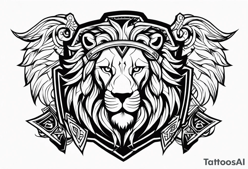 Valhalla sword shield lion 
 axe Valknut tattoo idea
