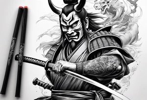 samurai with a hannya mask that covers half of his face who is in a slightly tilted posture holding a katana in an attack position tattoo idea