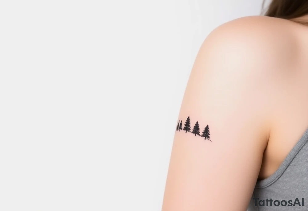 Row of trees fading into mist, mountains rising above. Forest represents struggle, peaks symbolize clarity. Minimalist tattoo idea