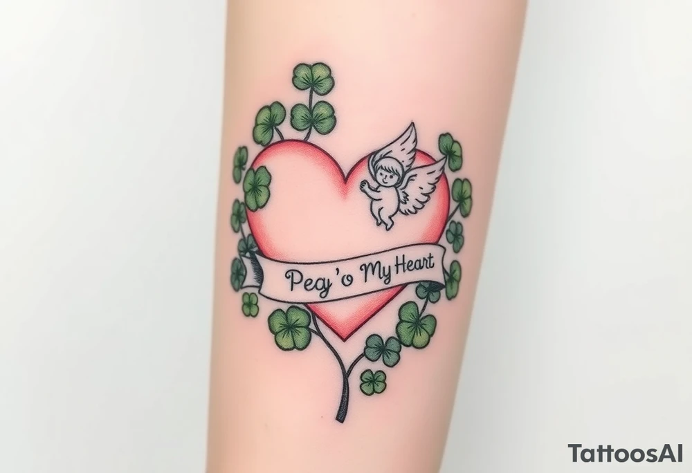 a big pale pink heart and a cartoon angel in a bunch of green shamrocks, a banner across the heart that says Peg 'o My Heart tattoo idea