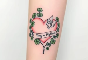 a big pale pink heart and a cartoon angel in a bunch of green shamrocks, a banner across the heart that says Peg 'o My Heart tattoo idea