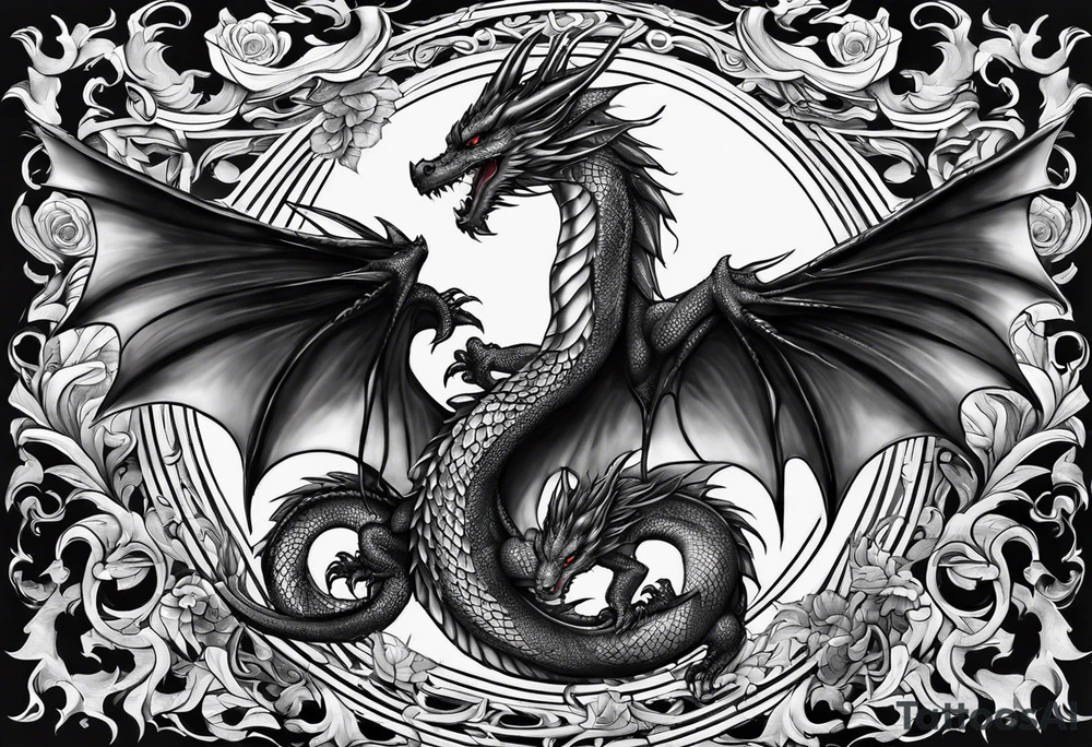 Mother dragon wings spread with 3 baby dragons tattoo idea