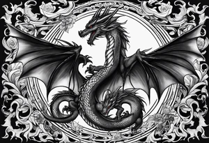 Mother dragon wings spread with 3 baby dragons tattoo idea