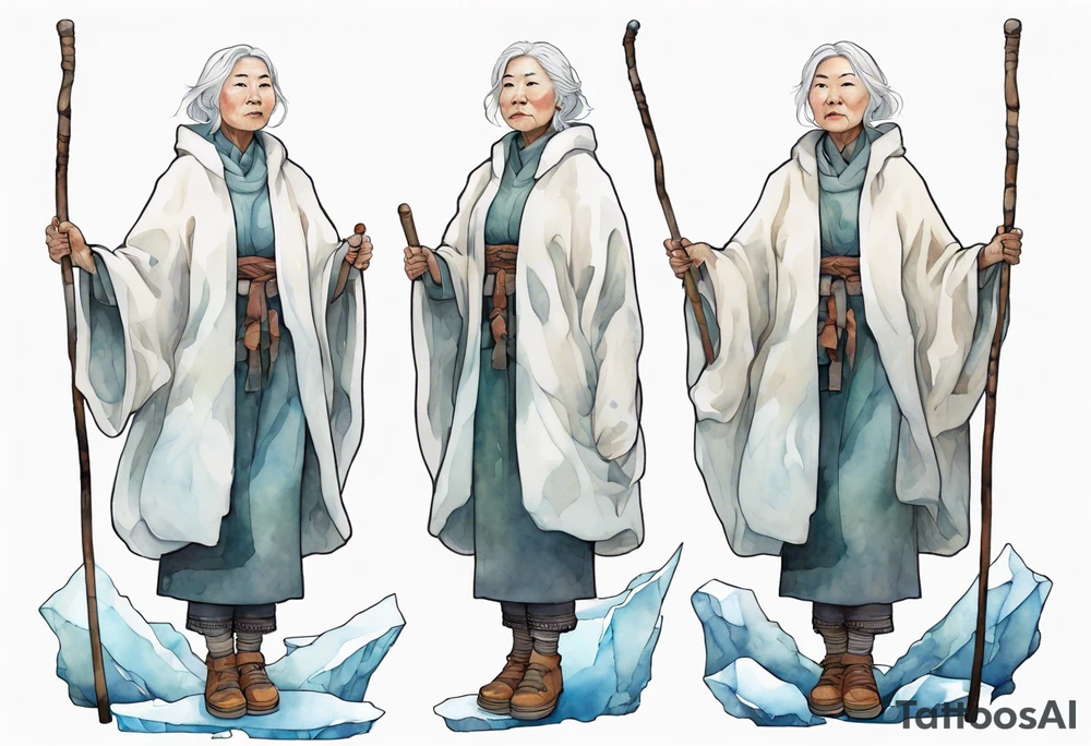 a 40 year old Inuit woman with white hair and a white robe holding a white hiking stick, standing on an iceberg, kind tattoo idea
