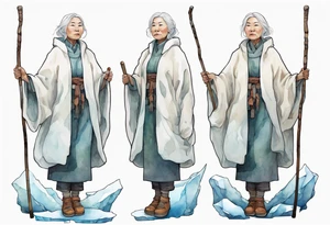 a 40 year old Inuit woman with white hair and a white robe holding a white hiking stick, standing on an iceberg, kind tattoo idea