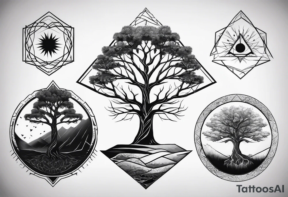 Yggdrasil tree with 3 minimalistic triangles tattoo idea